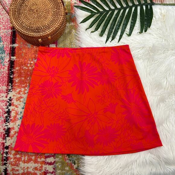 Vintage Y2K 2000s Express Orange Pink Tropical Floral Stretch Mini Skirt Small - Picture 2 of 7